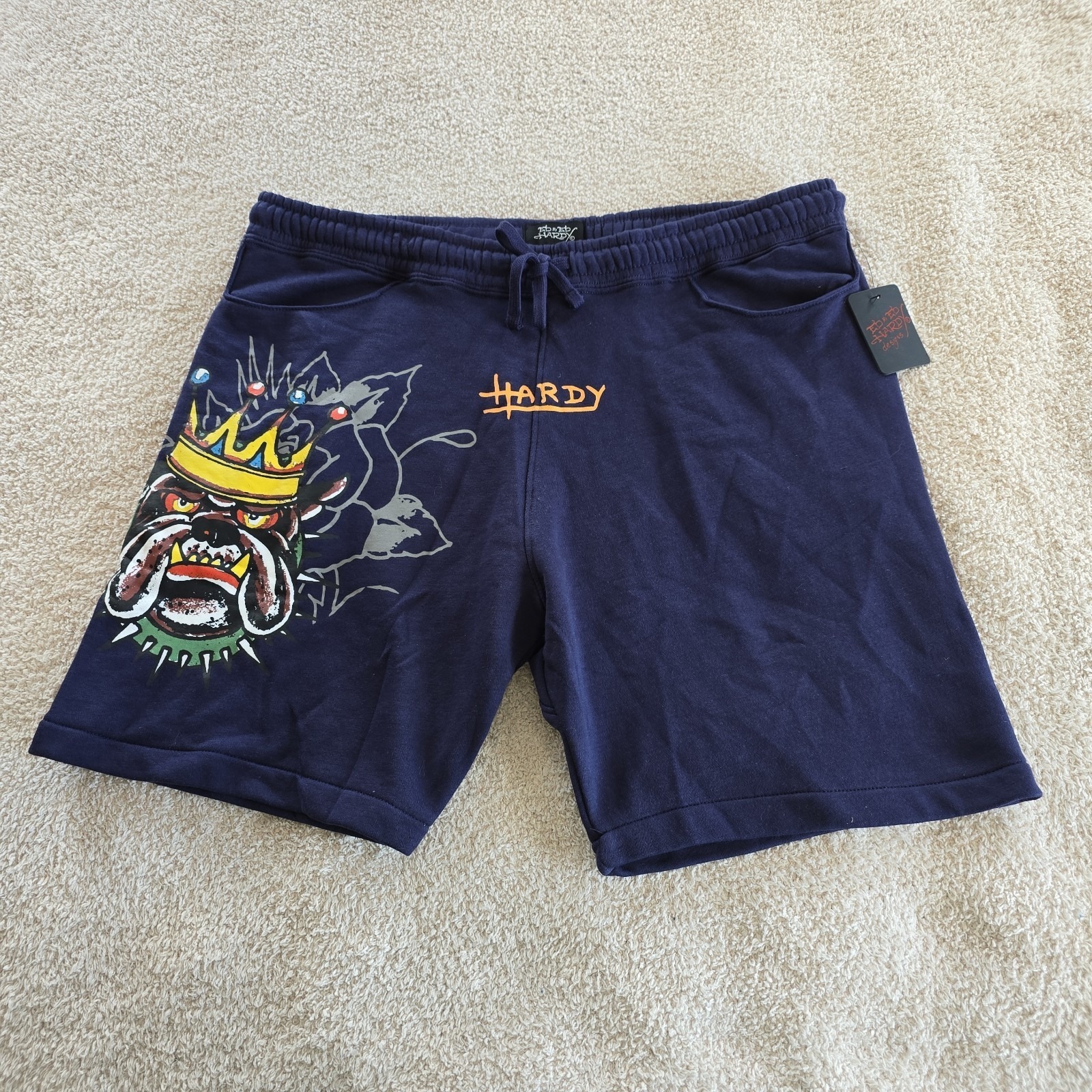 Ed Hardy King Bulldog Fleece Drawstring Shorts Blue Men's Size Xl Nwt